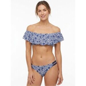 Kensie Navy & White Floral Ruffle Off-The-Shoulder Bikini Set Size Medium